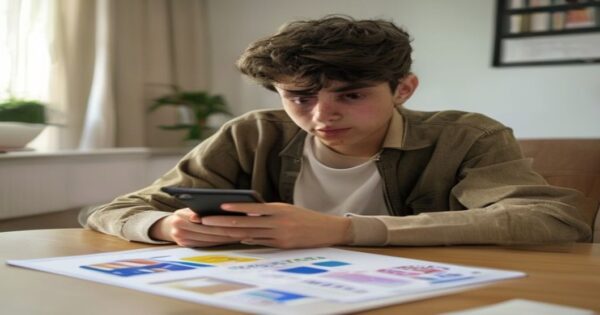 A Spanish teenager looking anxiously at a smartphone on a table, while a health insurance card and a brochure about digital detox therapy lie nearby, in a psychologist's office with soft lighting.