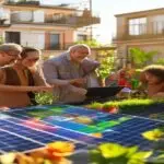 A bright, sunny rooftop of a Spanish apartment building covered with modern solar panels, a group of residents of diverse ages smiling and pointing at a tablet displaying colorful energy savings chart