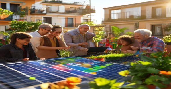 A bright, sunny rooftop of a Spanish apartment building covered with modern solar panels, a group of residents of diverse ages smiling and pointing at a tablet displaying colorful energy savings chart