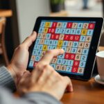 Photo-realistic image of a person solving a Stratoku puzzle on a tablet, with a coffee cup beside it. The screen shows a colorful grid with numbers and symbols representing resources. The person's han