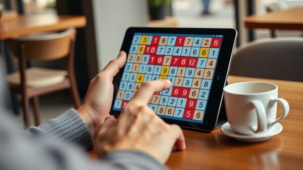 Stratoku: el pasatiempo viral que desplaza al sudoku en 2026 2 Photo-realistic image of a person solving a Stratoku puzzle on a tablet, with a coffee cup beside it. The screen shows a colorful grid with numbers and symbols representing resources. The person's han