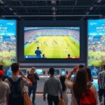 A realistic photo of a modern electronics store display with a large TV showing a World Cup match, surrounded by interactive screens and shoppers engaging with augmented reality features. The store is