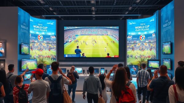 Mundial y entretenimiento: cómo Mediamark cautiva al consumidor 2 A realistic photo of a modern electronics store display with a large TV showing a World Cup match, surrounded by interactive screens and shoppers engaging with augmented reality features. The store is
