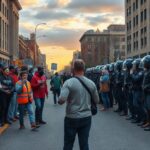 A photorealistic image of a diverse group of workers and students peacefully protesting, facing a line of heavily armed riot police in a city street, with a dramatic sky, no text or logos.