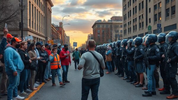 Brutalidad policial: herramienta del capital contra la clase obrera 2 A photorealistic image of a diverse group of workers and students peacefully protesting, facing a line of heavily armed riot police in a city street, with a dramatic sky, no text or logos.