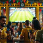 A photorealistic scene of Colombian football fans watching a match on a large screen in a bar, some laughing and showing their phones with meme images, while others look disappointed. The atmosphere i
