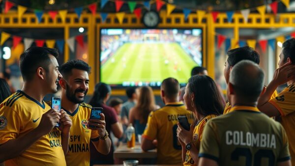 Memes y fútbol colombiano: la derrota de Nacional que hizo vibrar las redes 2 A photorealistic scene of Colombian football fans watching a match on a large screen in a bar, some laughing and showing their phones with meme images, while others look disappointed. The atmosphere i