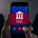 A smartphone receiving a call with a bank logo on screen, but a red warning overlay indicates fraud, surrounded by shadowy figures representing scammers, photorealistic, high detail, cinematic lightin