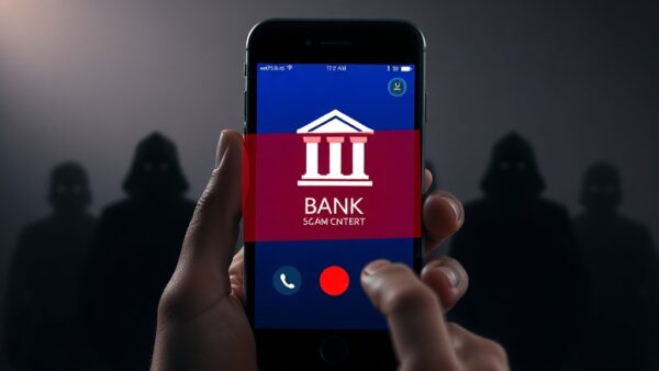 A smartphone receiving a call with a bank logo on screen, but a red warning overlay indicates fraud, surrounded by shadowy figures representing scammers, photorealistic, high detail, cinematic lightin