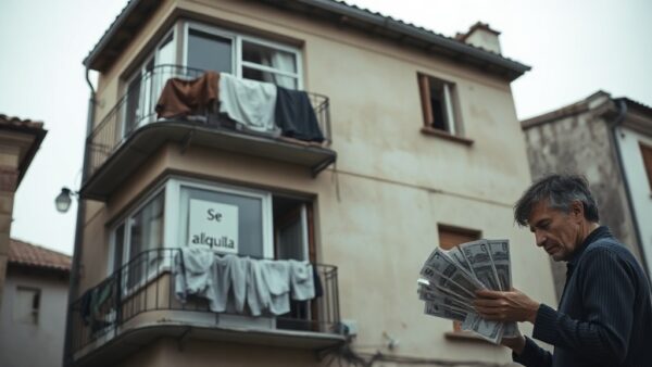 A realistic photo of a modest apartment building in Galicia, Spain, with a sign reading 'Se alquila' in the window. The facade shows wear and aging, with laundry hanging from balconies. In the foregro