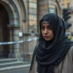 A photorealistic image of a Muslim woman wearing a hijab, looking distressed while walking past a vandalized mosque with graffiti reading 'out' in a European city street, with police tape in the backg