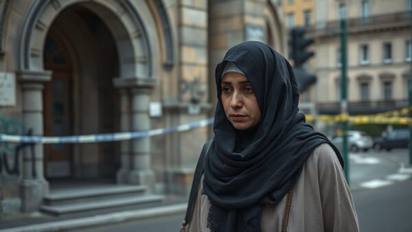 A photorealistic image of a Muslim woman wearing a hijab, looking distressed while walking past a vandalized mosque with graffiti reading 'out' in a European city street, with police tape in the backg