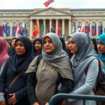 A photorealistic image showing a group of women in diverse clothing, some wearing burkas, standing together in solidarity at a public protest. In the background, a parliamentary building with flags. T