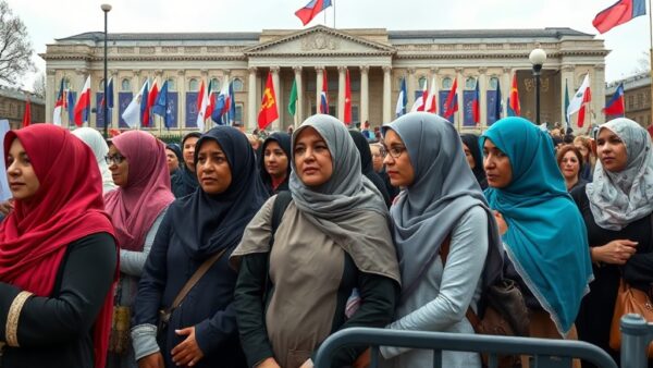Velos, Feminismo y Control Estatal: La Hipocresía Detrás de la Prohibición del Burka 2 A photorealistic image showing a group of women in diverse clothing, some wearing burkas, standing together in solidarity at a public protest. In the background, a parliamentary building with flags. T