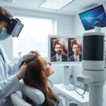 A modern hair clinic interior with a patient receiving a trichoscopy exam, bright clean room with advanced medical equipment, professional doctor in white coat, realistic photo style