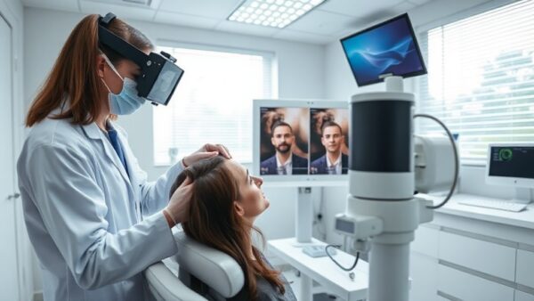Clínica Capilar: Tratamientos Avanzados para la Caída del Cabello en 2025 2 A modern hair clinic interior with a patient receiving a trichoscopy exam, bright clean room with advanced medical equipment, professional doctor in white coat, realistic photo style