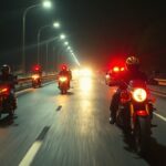 Photorealistic image of a highway at night with several motorcycles speeding dangerously, police cars with flashing lights in pursuit, dramatic lighting, wide angle, cinematic.