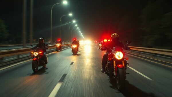 Seis motoristas detenidos en la A7: la peligrosa moda de las carreras ilegales en autovías 2 Photorealistic image of a highway at night with several motorcycles speeding dangerously, police cars with flashing lights in pursuit, dramatic lighting, wide angle, cinematic.