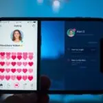 A smartphone screen displays a dating app split vertically: the left side shows a woman's profile receiving a cascade of heart notifications and matches, while the right side shows a man's profile wit