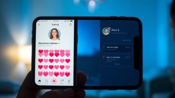Sesgo de género en Tinder: el algoritmo que elige por ti 2 A smartphone screen displays a dating app split vertically: the left side shows a woman's profile receiving a cascade of heart notifications and matches, while the right side shows a man's profile wit