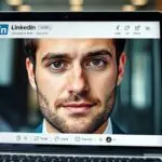 Photorealistic close-up of a laptop screen showing a LinkedIn profile with a deepfake portrait; the face has a subtle, unnatural asymmetry in the eye reflections, with a blurred office background.