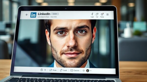 Deepfakes en LinkedIn: perfiles falsos con IA casi indetectables 2 Photorealistic close-up of a laptop screen showing a LinkedIn profile with a deepfake portrait; the face has a subtle, unnatural asymmetry in the eye reflections, with a blurred office background.