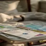A realistic close-up of an open suitcase on a bed, containing a plane ticket to Istanbul, a credit card, a brochure with a hair transplant clinic logo, and scattered euro bills, conveying the low-cost