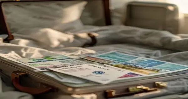 Injertos capilares low-cost en Turquía: riesgos y alternativas 2 A realistic close-up of an open suitcase on a bed, containing a plane ticket to Istanbul, a credit card, a brochure with a hair transplant clinic logo, and scattered euro bills, conveying the low-cost
