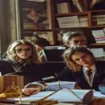 Group of lawyers in a Barcelona office with protest signs and legal files on a table, looking determined, natural light.