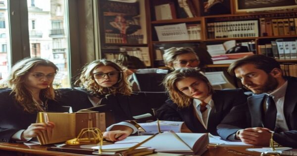 5 claves del auge de abogados antifascistas en Barcelona 2 Group of lawyers in a Barcelona office with protest signs and legal files on a table, looking determined, natural light.
