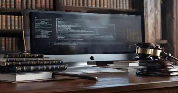 Bufetes low-cost con IA: ¿justicia barata o riesgo en divorcios? 2 A sleek, modern low-cost law office with a large computer screen displaying an AI-generated divorce agreement, next to a stack of traditional law books and a gavel. Photorealistic, no text.