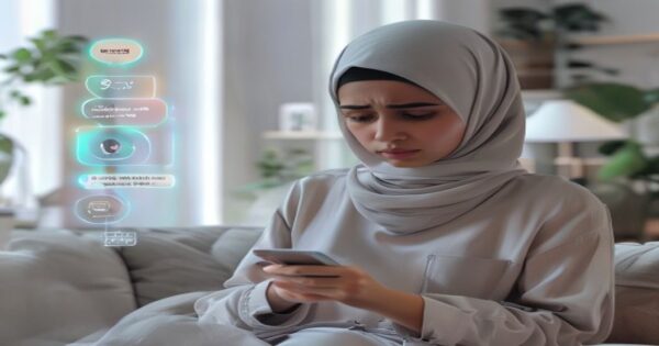 Sesgo islamófobo en Siri, Alexa y Google Assistant 2 A young hijabi woman looking disappointed at her smartphone while a virtual assistant interface shows an unhelpful response, in a bright living room, photorealistic, no text or logos.