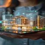 Photorealistic image of a person holding a smartphone displaying a 3D hologram of a residential building with translucent token icons floating around it, representing blockchain-based real estate frac