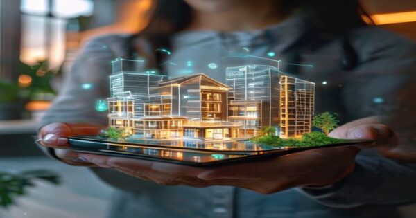 Tokenización inmobiliaria en España: invierte en ladrillo desde 100€ con blockchain 2 Photorealistic image of a person holding a smartphone displaying a 3D hologram of a residential building with translucent token icons floating around it, representing blockchain-based real estate frac