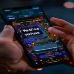 A smartphone screen showing a betting app interface with glowing AI circuit patterns, sending a push notification that reads 'We miss you!', while a person's hand trembles over the screen