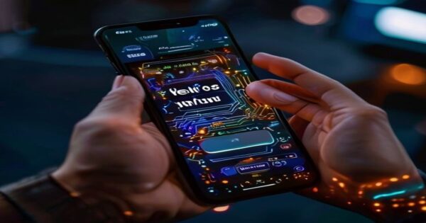 Cómo las casas de apuestas usan IA para fomentar la ludopatía 2 A smartphone screen showing a betting app interface with glowing AI circuit patterns, sending a push notification that reads 'We miss you!', while a person's hand trembles over the screen