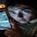 A concerned person holding a smartphone displaying a chatbot interface negotiating bills, with a magnified view of hidden contract terms, photorealistic, dramatic lighting, worried expression