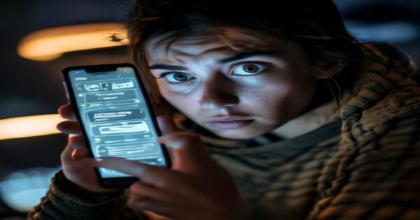 IA que regatea facturas: la trampa del ahorro automático 2 A concerned person holding a smartphone displaying a chatbot interface negotiating bills, with a magnified view of hidden contract terms, photorealistic, dramatic lighting, worried expression
