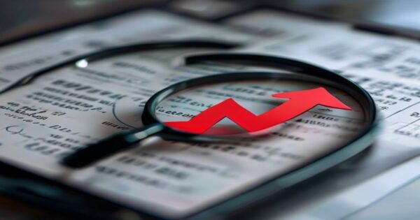 Tus redes sociales pueden encarecer tu seguro sin que lo sepas 2 Photorealistic close-up of a smartphone screen displaying a social media feed, with a magnifying glass overlaying it, the glass reflecting a health insurance document and a red upward arrow indicating