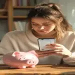 A worried young influencer holding a smartphone showing an account suspension notification, a broken piggy bank on a wooden desk, soft photorealistic lighting, no text or logos.