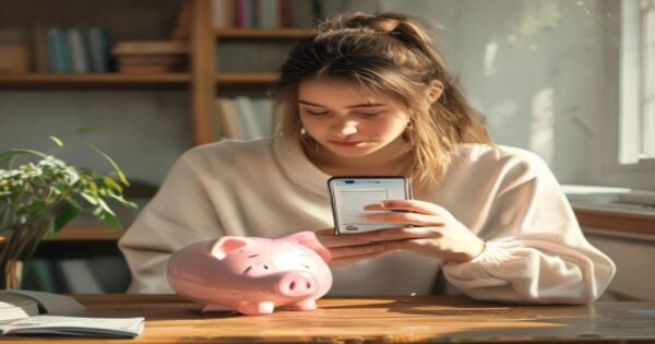 Seguros para influencers: cuando el algoritmo te cancela 2 A worried young influencer holding a smartphone showing an account suspension notification, a broken piggy bank on a wooden desk, soft photorealistic lighting, no text or logos.