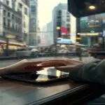 A stealthy hand reaching towards a smartphone on a café table, while the owner is distracted looking away, bustling city background, photorealistic, no text or logos