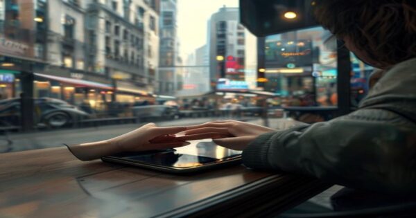 Hurto mágico en móviles: por qué los seguros no lo cubren 2 A stealthy hand reaching towards a smartphone on a café table, while the owner is distracted looking away, bustling city background, photorealistic, no text or logos
