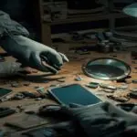 A dimly lit clandestine workshop with disassembled smartphones, components spread on a wooden table, a person's gloved hands sorting parts under a magnifying lamp, gritty atmosphere, photorealistic, n