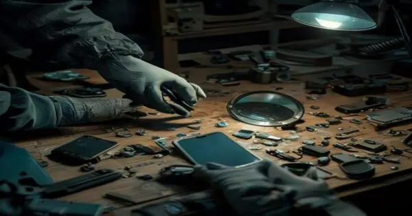 Del seguro al desguace ilegal: el viaje oculto de tu smartphone 2 A dimly lit clandestine workshop with disassembled smartphones, components spread on a wooden table, a person's gloved hands sorting parts under a magnifying lamp, gritty atmosphere, photorealistic, n