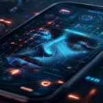 Close-up of a smartphone screen showing a facial recognition grid with a human face partially highlighted, set against a dark background with glowing data streams and insurance-themed icons like a ste