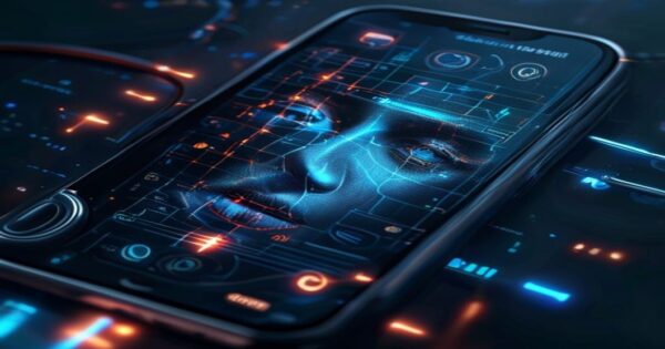 Datos biométricos: el nuevo oro de las aseguradoras 2 Close-up of a smartphone screen showing a facial recognition grid with a human face partially highlighted, set against a dark background with glowing data streams and insurance-themed icons like a ste