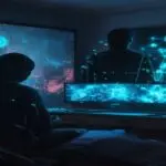 A dimly lit teenager's bedroom with a large gaming monitor showing a flashy loot box opening animation. Behind the screen, a black silhouette of a hooded figure connects the monitor to glowing blue di