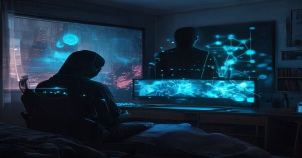 A dimly lit teenager's bedroom with a large gaming monitor showing a flashy loot box opening animation. Behind the screen, a black silhouette of a hooded figure connects the monitor to glowing blue di