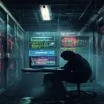 A dimly lit server room with glowing fiber optic cables, overlaid with semi-transparent betting advertisements (slots, sports odds) and a shadowy figure huddled over a laptop, depicting the secret sal